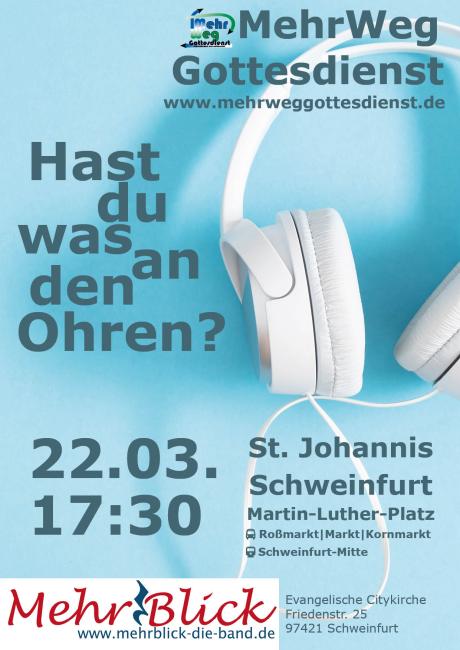 ein weißer Kopfhörer auf hellblauem Hintergrund. Text: Hast du was an den Ohren?