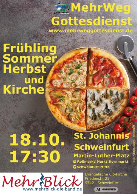 Eine Pizza vier Jahreszeiten. Auf dem "Winter"-Viertel sind kleine Kirchen zu sehen.