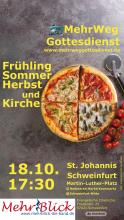 Eine Pizza vier Jahreszeiten. Auf dem "Winter"-Viertel sind kleine Kirchen zu sehen.