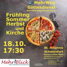 Eine Pizza vier Jahreszeiten. Auf dem "Winter"-Viertel sind kleine Kirchen zu sehen.