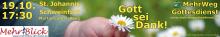 Eine Kinderhand hält ein einzelnes Gänseblümchen. Im Hintergrund nicht fokussiert weitere Gänseblümchen auf einer grünen Wiese. Text: MehrWegGottesdienst Gott sei Dank 19.10. 17:30 St. Johannis Schweinfurt, Martin-Luther-Platz