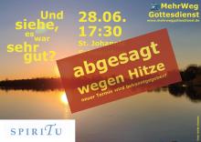 Sonnenuntergang am Baggersee. Die Sonne spiegelt sich im Wasser. Text: abgesagt wegen Hitze - neuer Termin wird bekanntgegeben.